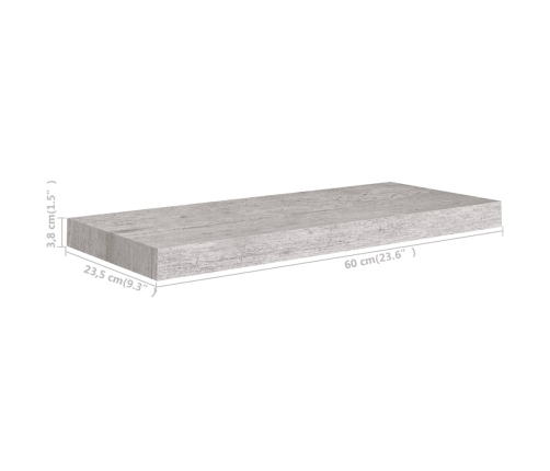 vidaXL Estantes flotantes pared 2 uds MDF gris hormigón 60x23,5x3,8 cm