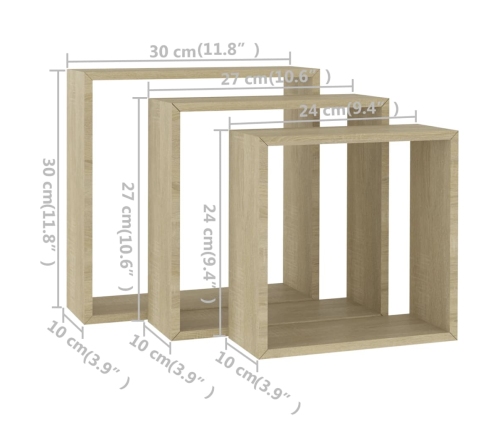 vidaXL Estantes cubo de pared 3 unidades roble Sonoma