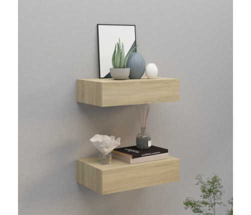 vidaXL Estantes de pared con cajón 2 uds MDF roble 40x23,5x10 cm