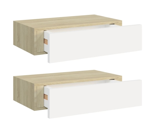 Estantes de pared con cajón 2 uds MDF roble/blanco 40x23,5x10cm