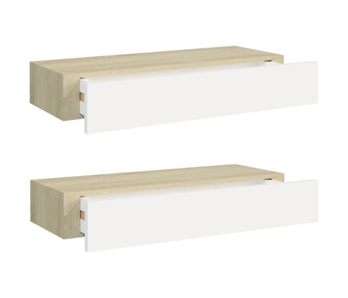 Estantes de pared con cajón 2 uds MDF roble/blanco 60x23,5x10cm