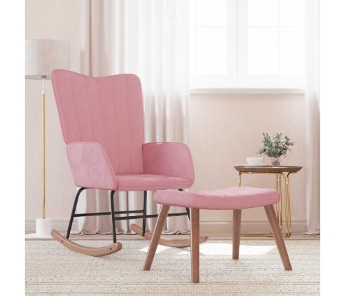 Silla mecedora con reposapiés terciopelo rosa