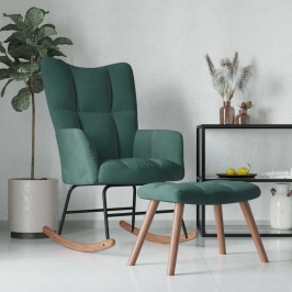 Silla mecedora con reposapiés terciopelo verde oscuro