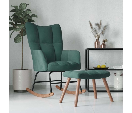 Silla mecedora con reposapiés terciopelo verde oscuro