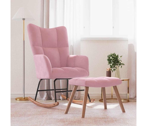 Silla mecedora con reposapiés terciopelo rosa