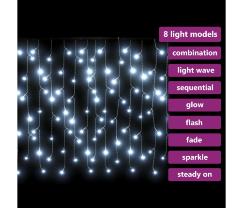 Cortina luces carámbano 10m 400 LED blanco frío 8 funciones