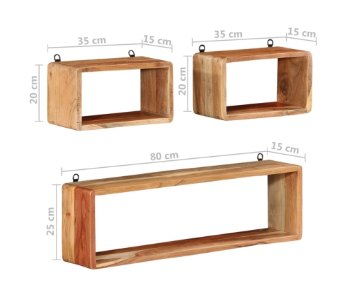 Juego de estantes cubo de pared 3 pzas madera maciza de acacia