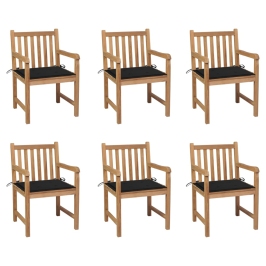 Sillas de jardín 6 uds madera maciza de teca cojines negro