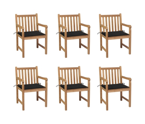 Sillas de jardín 6 uds madera maciza de teca cojines negro