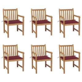 Sillas de jardín 6 uds madera maciza de teca cojines rojo tinto