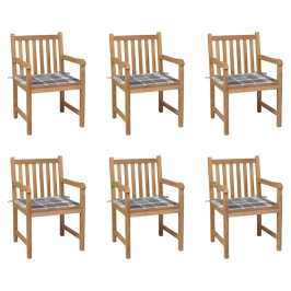 Sillas de jardín 6 uds madera maciza teca cojines cuadros gris