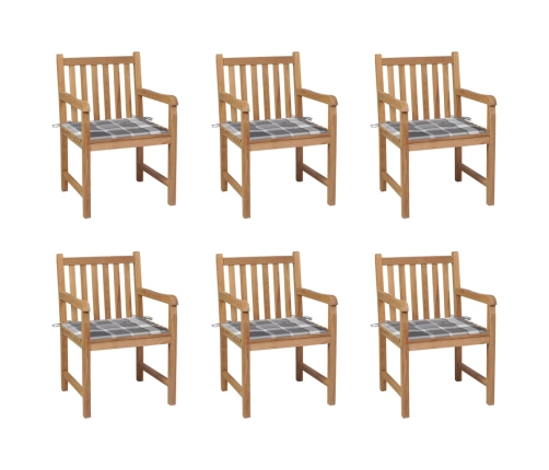 Sillas de jardín 6 uds madera maciza teca cojines cuadros gris