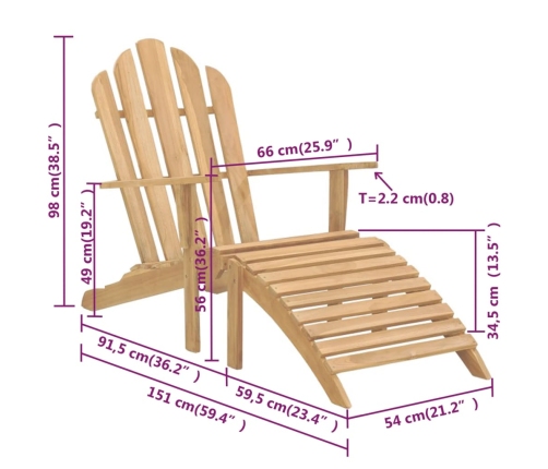 vidaXL Sillas de jardín Adirondack con reposapiés 2 uds madera de teca