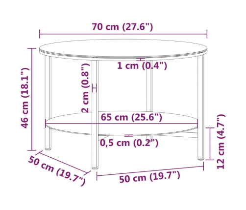 Mesa de centro vidrio templado negro y mármol blanco 70 cm