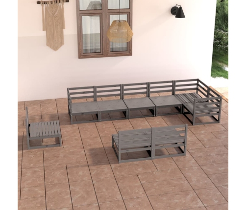 Juego de muebles de jardín 9 piezas gris madera maciza de pino