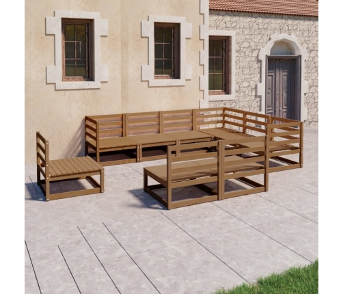 Muebles de jardín 9 pzas y cojines marrón miel madera pino