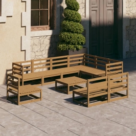 Muebles de jardín 10 pzas y cojines marrón miel madera pino