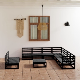 Juego de muebles de jardín 10 pzas y cojines negro madera pino