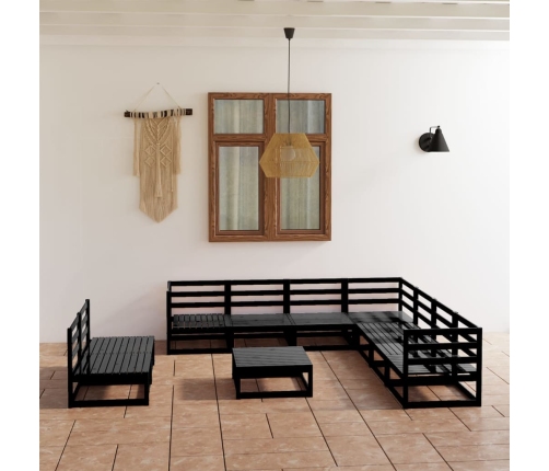 Juego de muebles de jardín 10 pzas y cojines negro madera pino