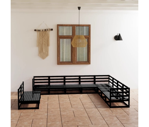 Juego de muebles de jardín 10 pzas y cojines negro madera pino