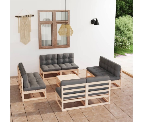 Juego de muebles de jardín 9 pzas y cojines madera pino maciza