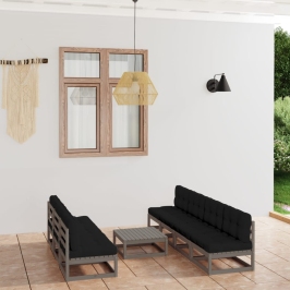 Juego de muebles de jardín 8 pzas y cojines madera pino maciza