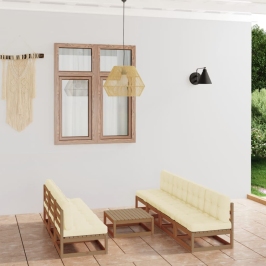Muebles de jardín 8 piezas con cojines de madera de pino maciza