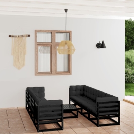 Juego de muebles de jardín 9 pzas y cojines madera pino maciza