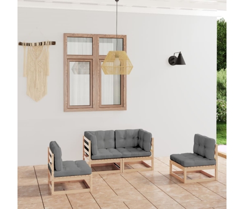Muebles de jardín 4 piezas con cojines de madera de pino maciza
