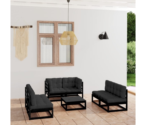 Juego de muebles de jardín 7 pzas y cojines madera pino maciza