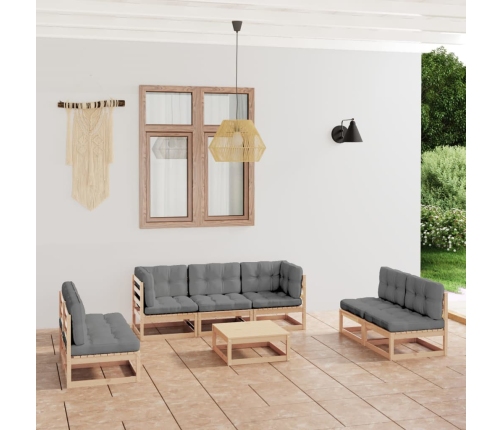 Juego de muebles de jardín 8 pzas y cojines madera maciza pino