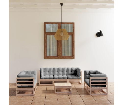 Juego de muebles de jardín 8 pzas y cojines madera pino maciza