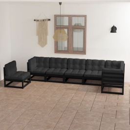 Juego de muebles de jardín 7 pzas y cojines madera maciza pino