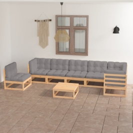 Juego de muebles de jardín 8 pzas y cojines madera maciza pino