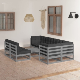 Muebles de jardín 8 pzas y cojines madera maciza pino