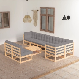 Juego de muebles de jardín 9 pzas y cojines madera maciza pino