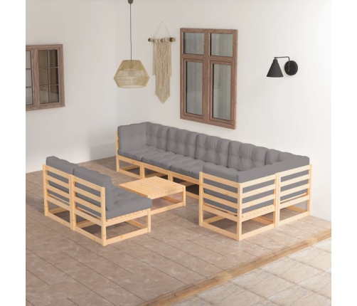 Juego de muebles de jardín 9 pzas y cojines madera maciza pino