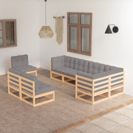 Muebles de jardín 8 pzas y cojines madera maciza pino