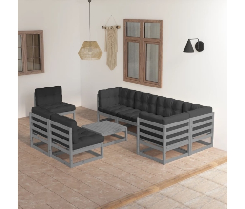 Juego de muebles de jardín 9 pzas y cojines madera maciza pino