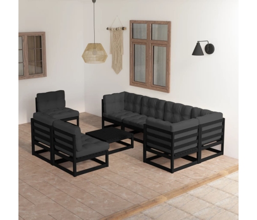 Juego de muebles de jardín 9 pzas y cojines madera maciza pino