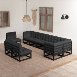Juego de muebles de jardín 9 pzas y cojines madera maciza pino