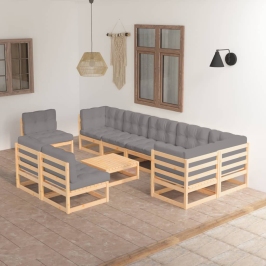 Juego de muebles de jardín 10 pzas y cojines madera maciza pino