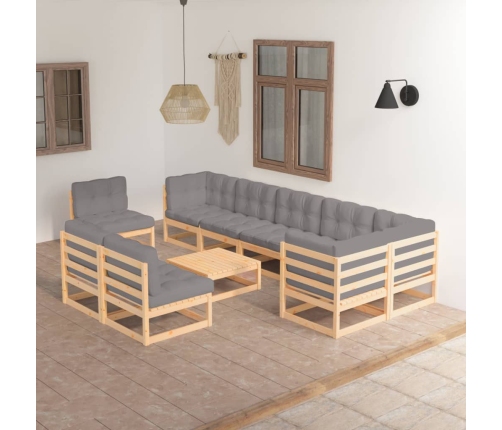 Juego de muebles de jardín 10 pzas y cojines madera maciza pino