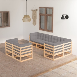 Juego de muebles de jardín 7 pzas y cojines madera maciza pino