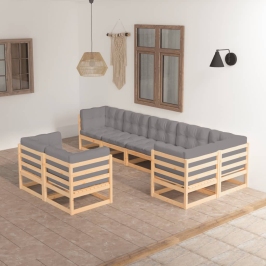 Muebles de jardín 8 pzas y cojines madera maciza pino