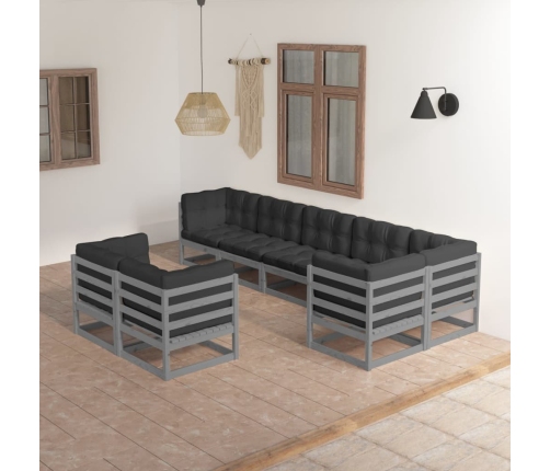 Muebles de jardín 8 pzas y cojines madera maciza pino