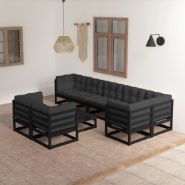 Juego de muebles de jardín 9 pzas y cojines madera maciza pino