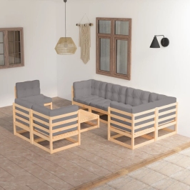 Juego de muebles de jardín 9 pzas y cojines madera maciza pino