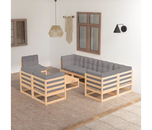Juego de muebles de jardín 9 pzas y cojines madera maciza pino