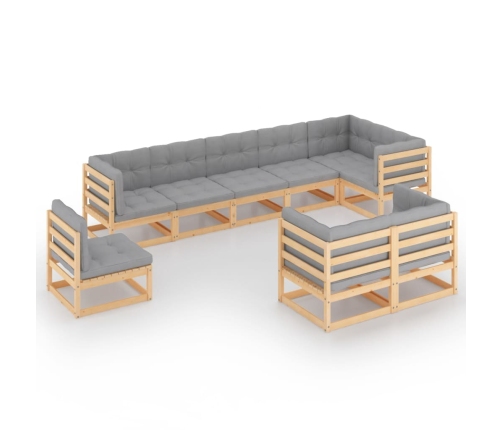Juego de muebles de jardín 9 pzas y cojines madera maciza pino